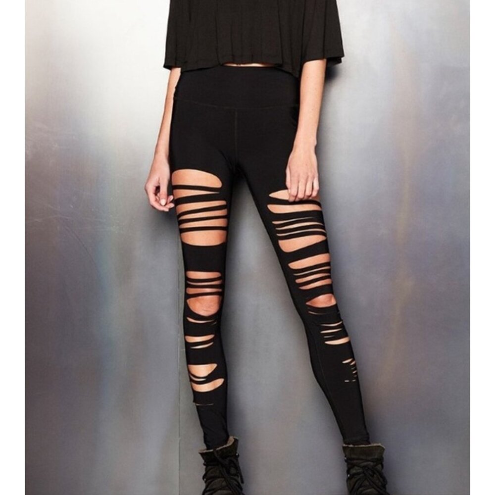 Alo High-Waist Extreme Ripped Warrior Leggings Black Edgy Hi-Rise Destroyed Pant - Picture 3 of 15